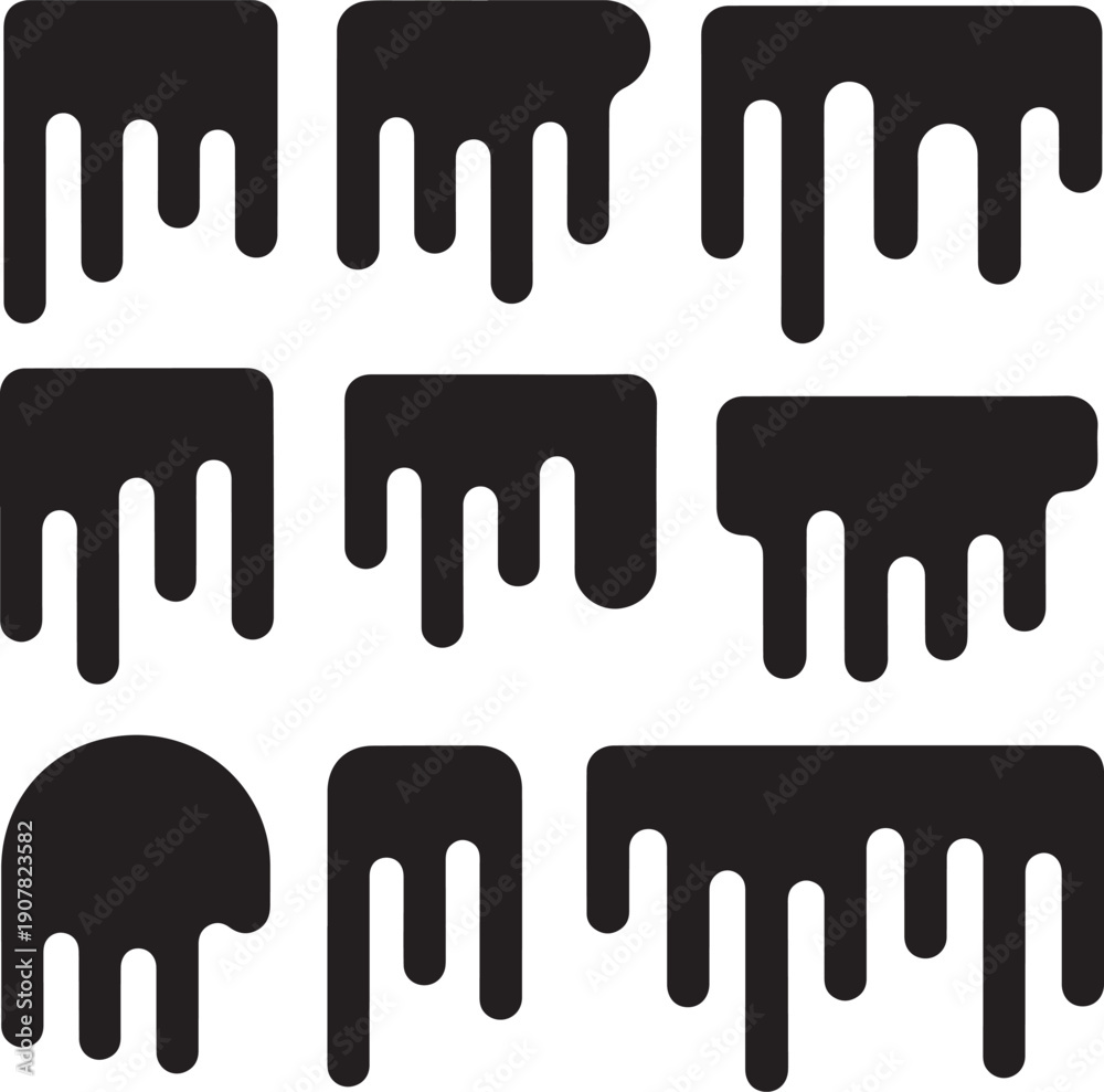 Obraz premium Dripping ink. Melting paint, liquid drops black oil. Isolated splashes, graffiti elements. Spray stream or flow trickle vector set. Dripping melting, spatter graffiti illustration