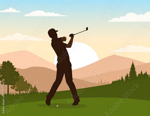 Golfer silhouette swinging club at dusk on rolling green