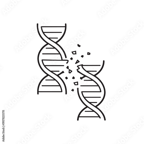 Scientific illustration of DNA helix strands breaking apart with fragments isolated on transparent background