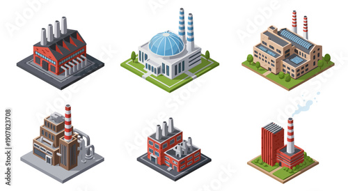 Isometric vector illustration of various industrial factory buildings and power plants, set of icons