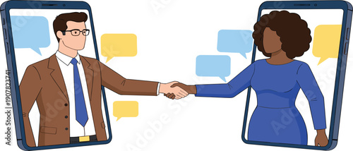 Online Business Communication Illustration Showing Man and Woman Shaking Hands Through Smartphones for Remote Collaboration and Digital Partnership Concept