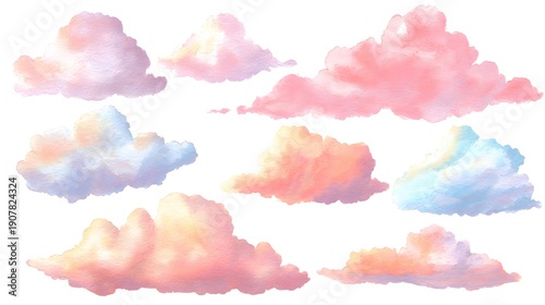 Collection of Soft Pastel Watercolor Clouds in Various Hues.