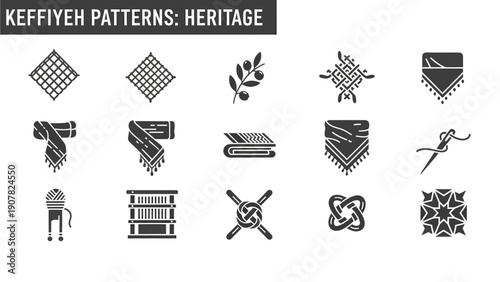 A grid of fifteen blackandwhite icons representing Keffiyeh patterns and textile heritage