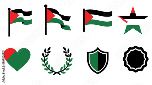 Collection of eight icons featuring stylized Palestinian flag colors and emblems