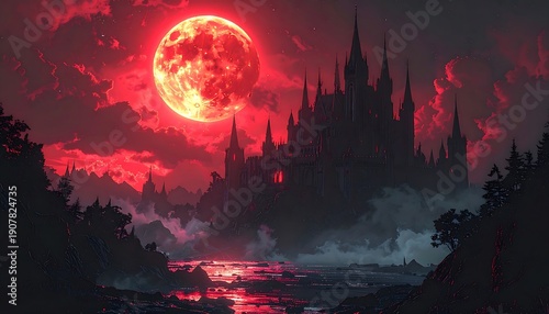 Gothic castle on a mist-filled mountain, under a crimson moon