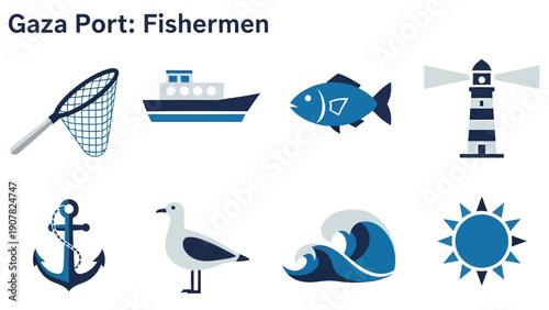 Eight blue and white icons related to fishing and the sea below a dark blue title