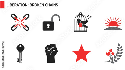 Eight icons related to liberation concepts arranged in two rows of four