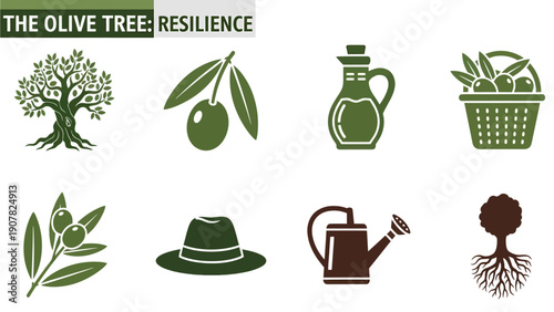 Eight green and brown icons related to olive trees oil and gardening are arranged in two rows