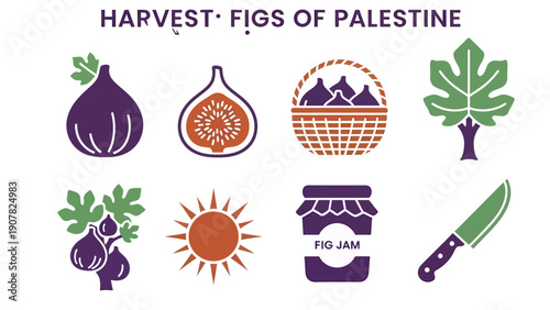 Eight stylized icons related to figs and harvest with a dark purple title text