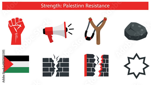 Infographic titled Strength Palestinn Resistance with eight icons in two rows