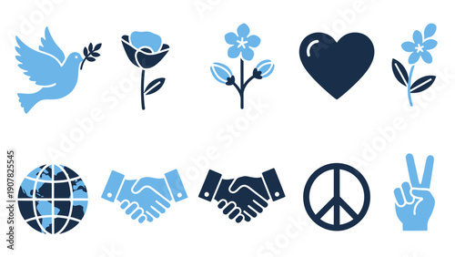 Ten blue and dark blue vector icons related to peace love and unity arranged in two rows