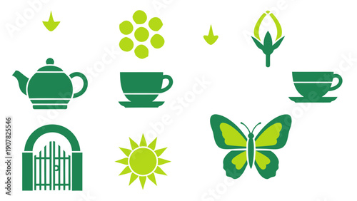 Twelve green and white icons arranged in a 3x4 grid featuring flowers tea items nature and architecture