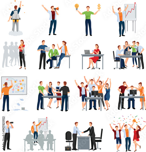 Vector illustration set of business people icons featuring a diverse team of men and woman workers in a flat cartoon style collection for professional job design