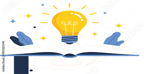 Open Book with Light Bulb Illustration Representing Knowledge, Learning, Education, Creative Ideas, Innovation, and Inspiration Concept for Modern Educational Designs