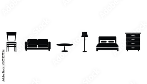 furniture silhouette icons, chair, sofa, table, lamp, bed, minimal clean black vector icon pack