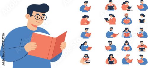 People Reading Books Flat Illustration Set with Male and Female Characters Showing Education, Learning, Study Habits, and Knowledge Concepts