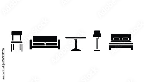 Essential Home Furniture Black Silhouette Icon Set