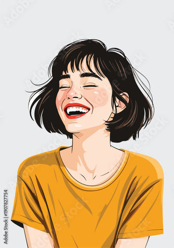 066-45-Young woman with bob hair laughing, expressing joy and positive emotions