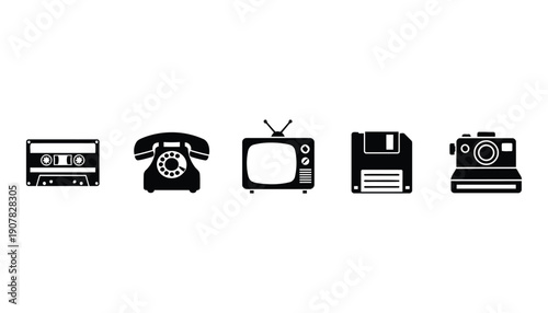 retro silhouette icons, cassette tape, vintage phone, old TV, floppy disk, minimal black vector icons set