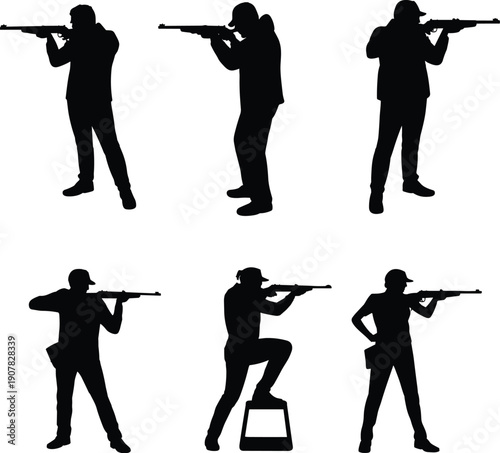 Rifle shooter silhouettes set hunting marksman aiming poses sport shooting practice tactical outdoor vector illustration isolated collection