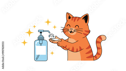 Cartoon illustration of a ginger tabby cat using a hand sanitizer pump bottle to clean its paws for hygiene and safety.