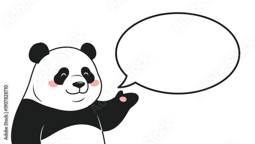 Cute panda character pointing towards a large blank oval speech bubble providing space for custom text or message.
