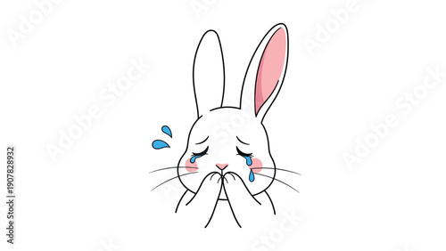 Sad white rabbit character crying with its paws over its mouth and large blue tears in a cute illustration style.