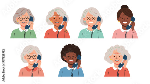 Grid showing elderly women of diverse ethnicities talking on old fashioned landline telephones with happy faces.