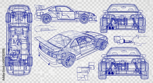 Car Technical Drawings Blueprints Various Views.