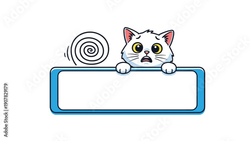 Cartoon white cat looking worried or confused while peering over a blank blue horizontal frame with a spiral symbol nearby.
