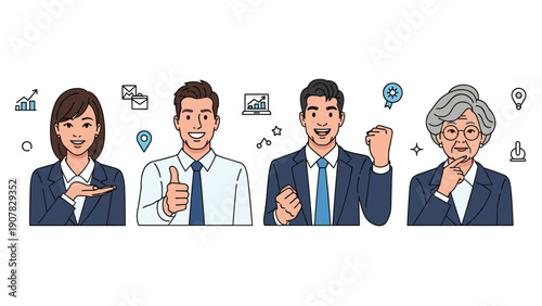 Group of diverse business professionals including an elderly woman expressing success and positive results with gestures.