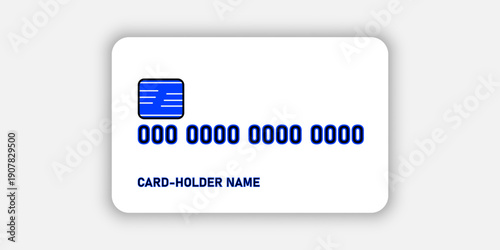 Blank white silver credit card with chip and placeholder numbers, clean unbranded design showing cardholder name layout, generic payment card template for banking, finance, shopping and transaction.