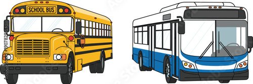 School Bus and City Bus Vector Illustration Set with Yellow Student Transport and Modern Urban Public Transit Vehicles for Education and Mobility Concepts