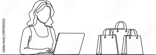 Simple Line Art Illustration of Woman Shopping Online with Laptop and Multiple Shopping Bags for Ecommerce, Retail, and Consumer Lifestyle Concepts