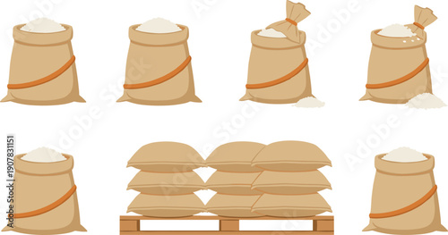 Rice Sack Vector Illustration Set with Burlap Bags Filled with Grain Stacked on Pallet for Agriculture Storage Farming and Food Supply Designs