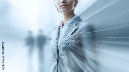 Wallpaper Mural A woman in a grey pinstripe suit and white blouse is shown from the neck down. Her posture is upright and confident, with a slight smile visible. Torontodigital.ca