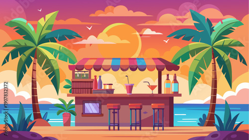 Tropical beach bar illustration with palm trees, cocktails and sunset creating a vibrant summer vacation atmosphere in flat style