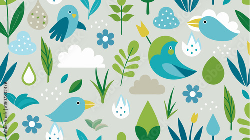 Cute seamless pattern with colorful birds, leaves, flowers and raindrops in playful flat style inspired by nature and spring mood