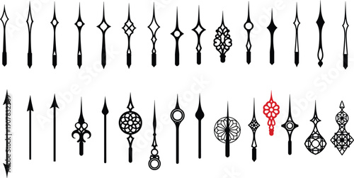 Decorative Clock Hands Vector Illustration Set with Vintage Ornamental Arrow and Classic Watch Pointer Designs for Wall Clocks Timepieces and UI Graphics