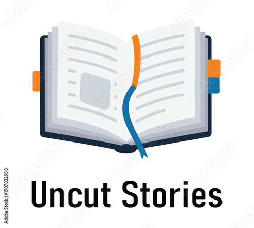 Uncut Stories Book Logo - Open Book Branding with Colorful Page Markers and Ribbon Bookmark for Publishers, Writers, and Libraries