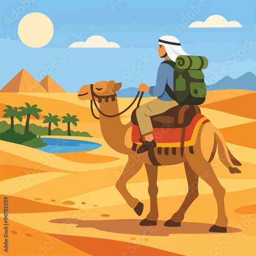 Adventure Travel Camel Riding Flat Vector Illustration