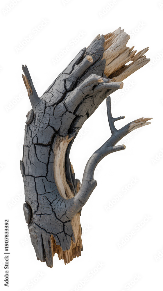 Fototapeta premium Single burnt, charred tree stump fragment with cracked bark and weathered wood texture