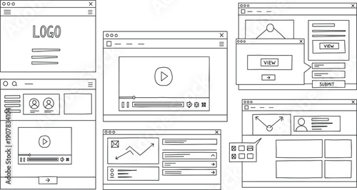 Wireframe Web UI Layout Vector Set with Browser Windows, Video Players, Dashboards, Forms, and Website Interface Prototyping Elements