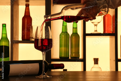 Pouring of red wine into gl...