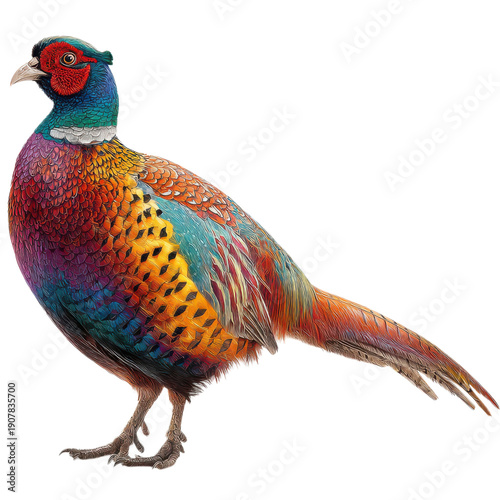 A vibrant pheasant stands against a black background