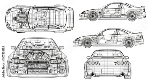 Car Technical Drawings Multiple Views.