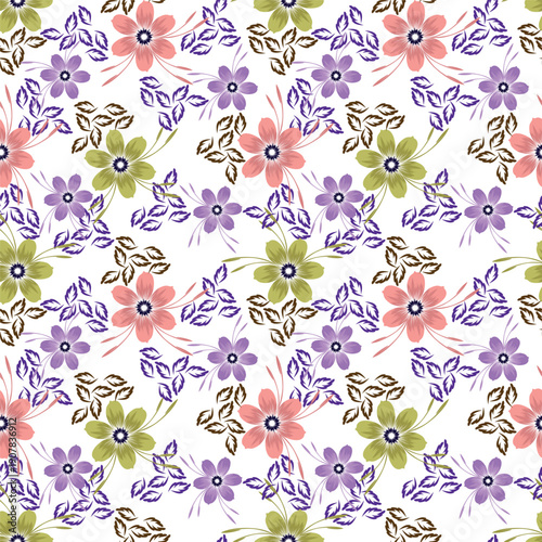 Vintage flowers. Seamless pattern. A branch of a blossoming tree. Flat vector isolated illustration. Pastel colors.