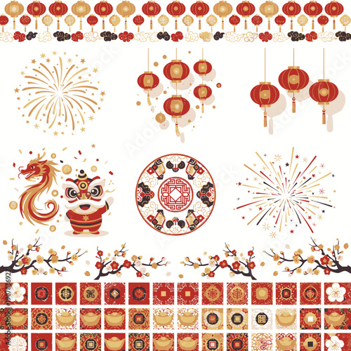 Chinese New Year Decorations and Traditional Symbols Lanterns, Dragon Dance, Fireworks, and Auspicious Ornaments