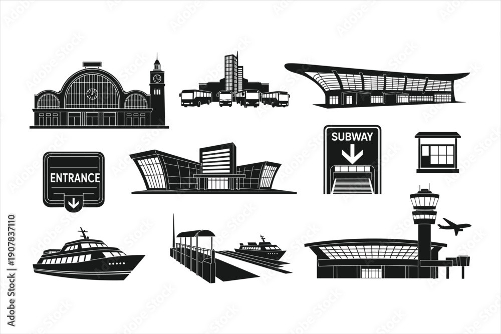 Fototapeta premium Black and White Transportation Buildings Icon Set