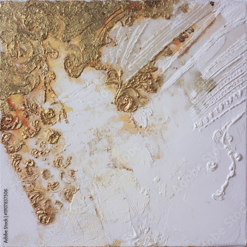 Luxury abstract background featuring textured oil painting with gold leaf details and soft white tones. Baroque inspired decorative texture suitable for elegant branding, premium packaging, invitation